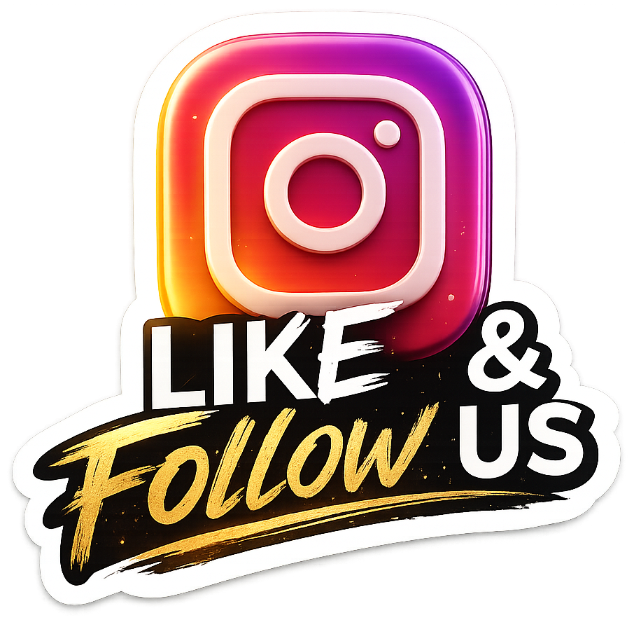A die-cut sticker featuring the Instagram logo above the words 'LIKE & FOLLOW US' in white and gold brush-style lettering on a black background, shown on a plain white backdrop.